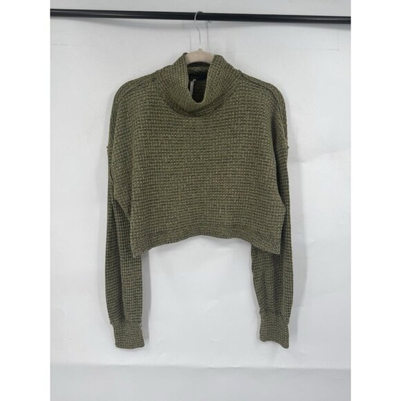 Free People Waffle Knit Cropped Top Women Small Green Oversized Lagenlook Boho - Picture 2 of 12